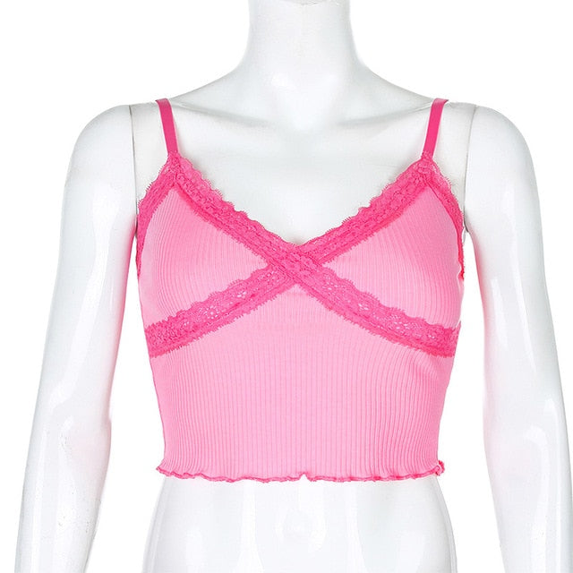ALLNeon Y2K E-girl Hot Pink Cross Lace Camis Tops Sweet Chic Spaghetti Strap Ruffles Hem Crop Tops Streetwear Summer Tanks Top