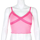 ALLNeon Y2K E-girl Hot Pink Cross Lace Camis Tops Sweet Chic Spaghetti Strap Ruffles Hem Crop Tops Streetwear Summer Tanks Top
