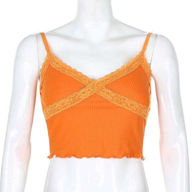 ALLNeon Y2K E-girl Hot Pink Cross Lace Camis Tops Sweet Chic Spaghetti Strap Ruffles Hem Crop Tops Streetwear Summer Tanks Top