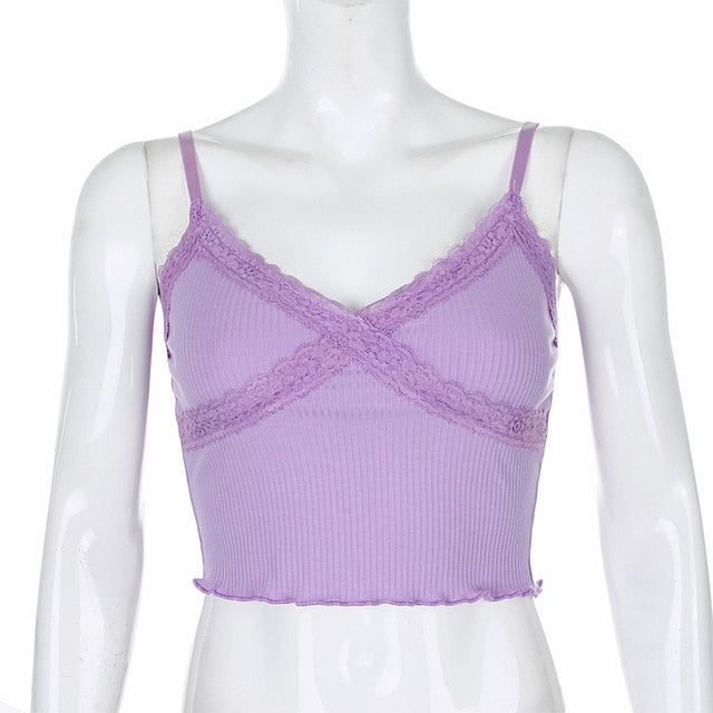 ALLNeon Y2K E-girl Hot Pink Cross Lace Camis Tops Sweet Chic Spaghetti Strap Ruffles Hem Crop Tops Streetwear Summer Tanks Top
