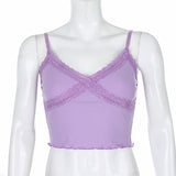 ALLNeon Y2K E-girl Hot Pink Cross Lace Camis Tops Sweet Chic Spaghetti Strap Ruffles Hem Crop Tops Streetwear Summer Tanks Top