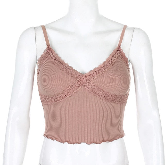 ALLNeon Y2K E-girl Hot Pink Cross Lace Camis Tops Sweet Chic Spaghetti Strap Ruffles Hem Crop Tops Streetwear Summer Tanks Top