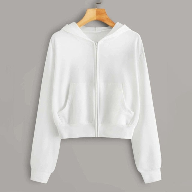 lose weight White Women Casual Solid Long Sleeve Zipper Pocket Shirt Hooded Sweatshirt Tops hoodies women ropa mujer